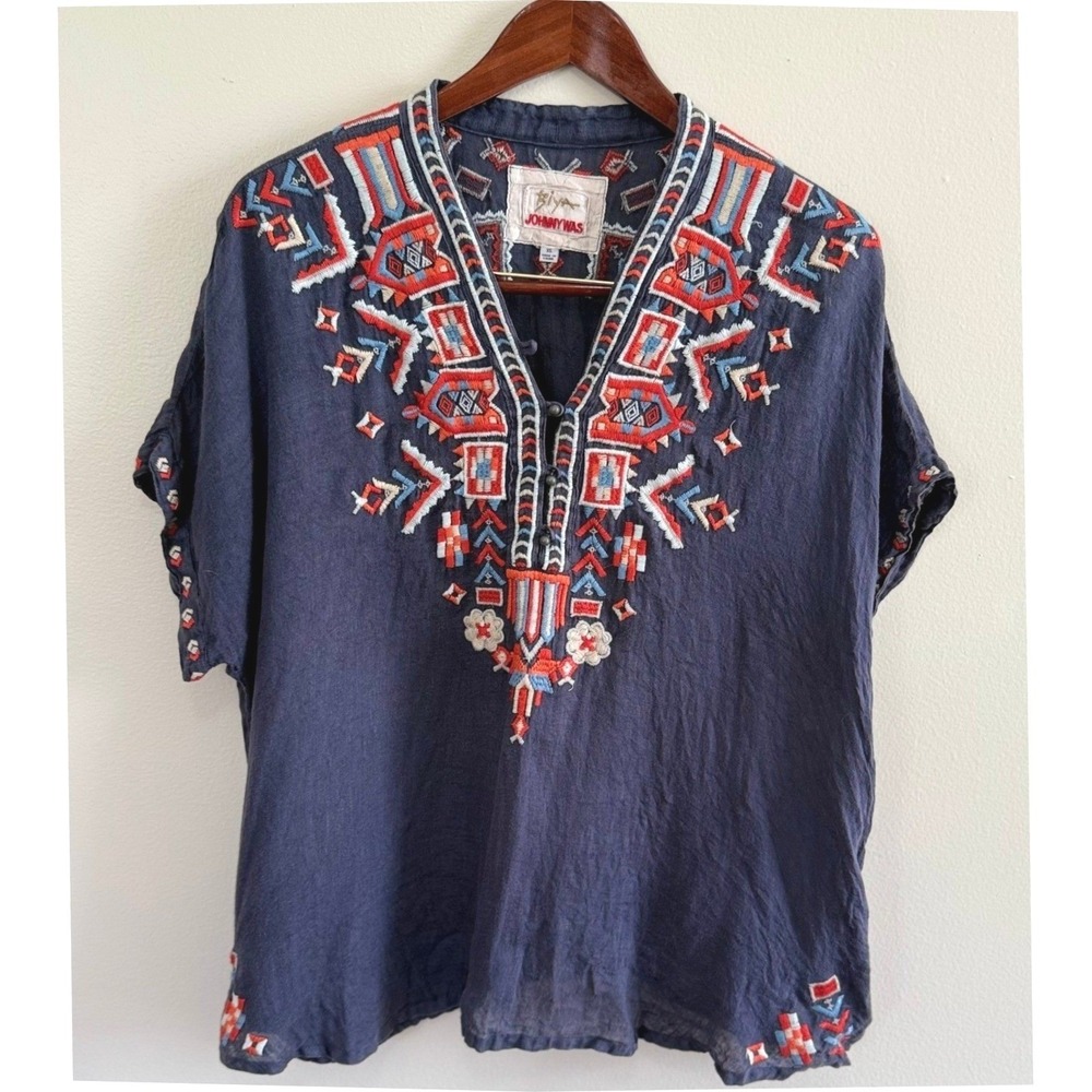 Johnny Was Biya Women's Embroidered Navy Blue‎ Short Sleeve Tunic Size XS